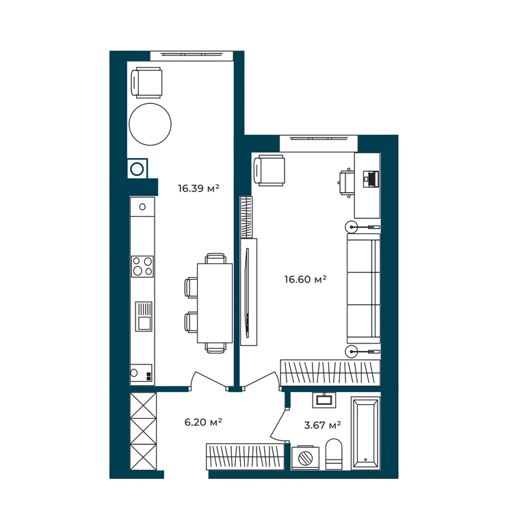 Планування 1-кімнатна квартира 42,86 м² — зображення 2