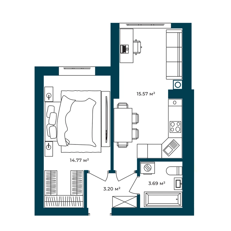 Планування 1-кімнатна квартира 37,23 м²