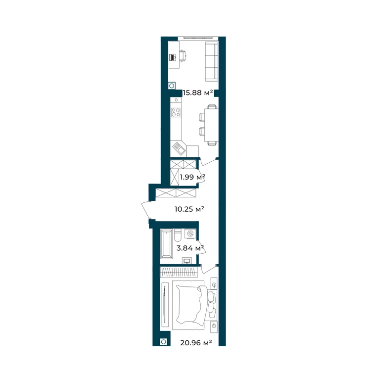 Планування 1-кімнатна квартира 52,92 м² — зображення 2