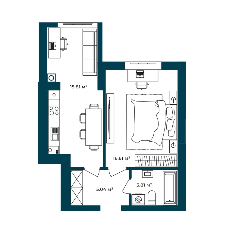 Планування 1-кімнатна квартира 41,27 м² — зображення 2