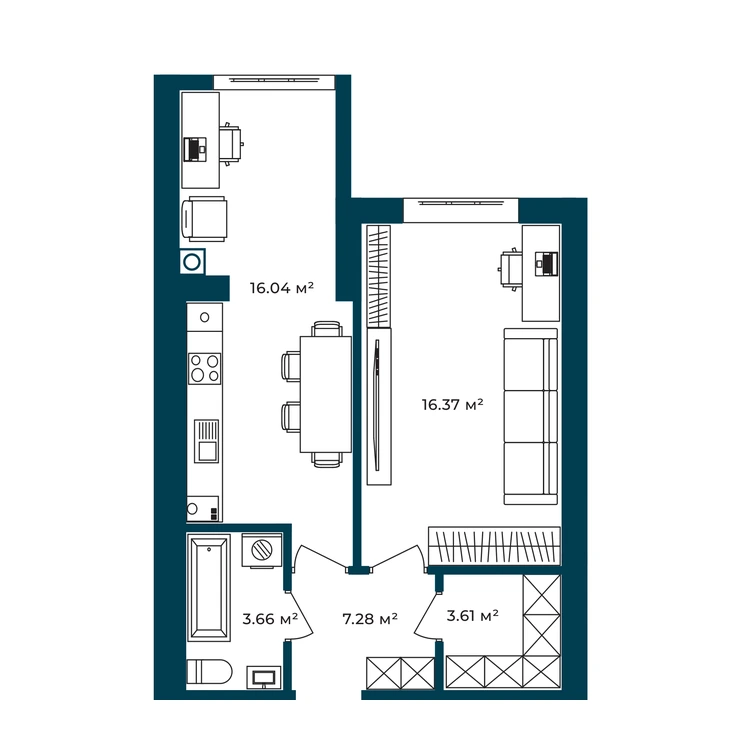 Планування 1-кімнатна квартира 43,16 м²