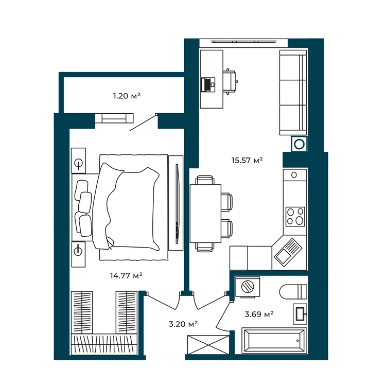 Планування 1-кімнатна квартира 38,43 м² — зображення 2