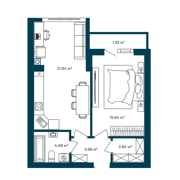 Планування 1-кімнатна квартира 49,63 м² — зображення 2