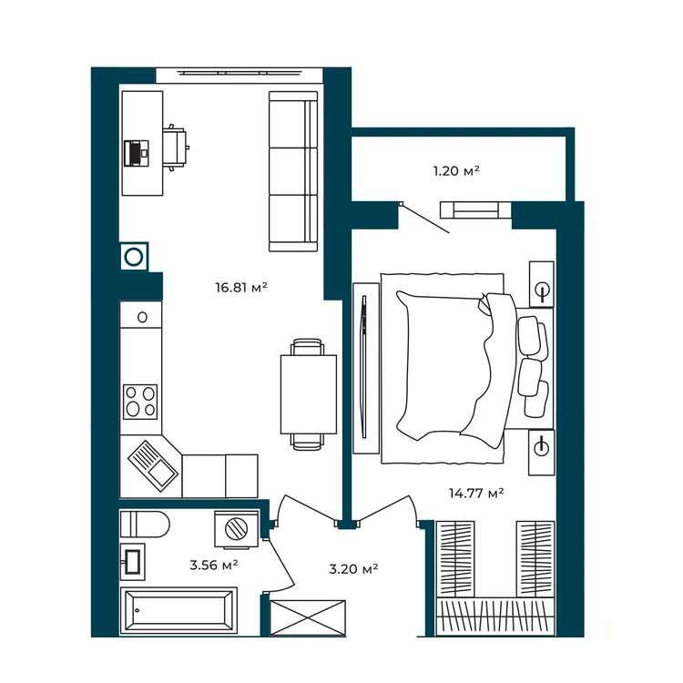 Планування 1-кімнатна квартира 39,54 м² — зображення 2