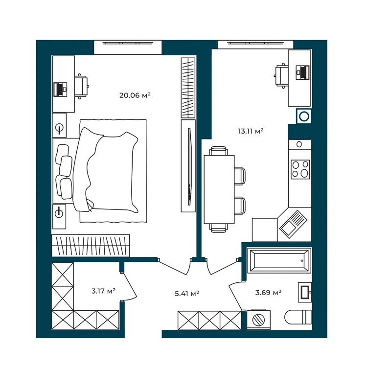 Планування 1-кімнатна квартира 45,44 м²