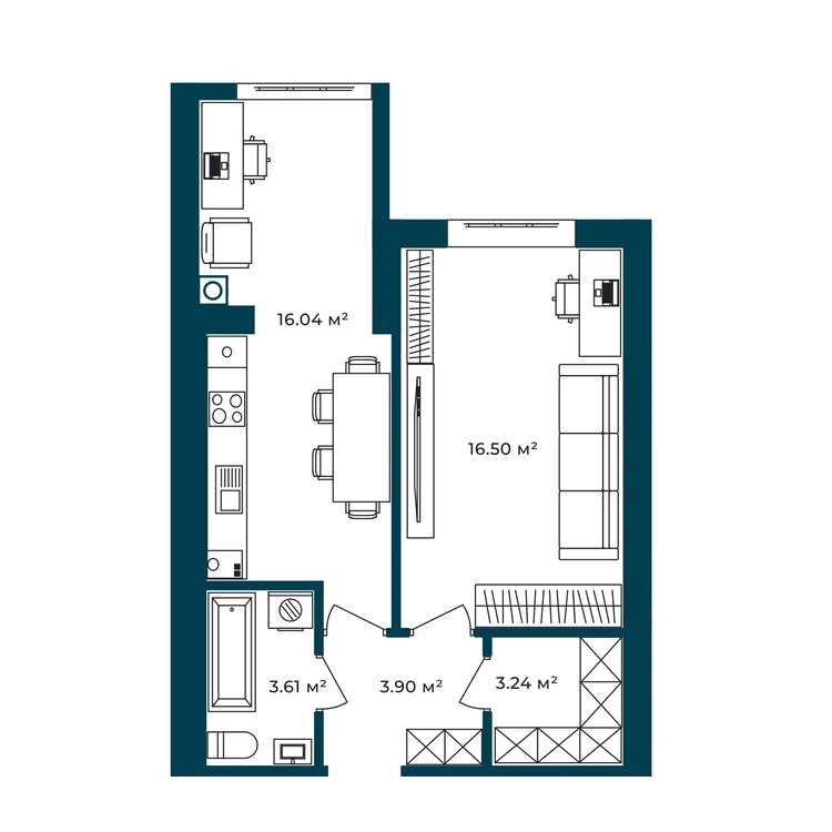 Планування 1-кімнатна квартира 43,16 м² — зображення 2