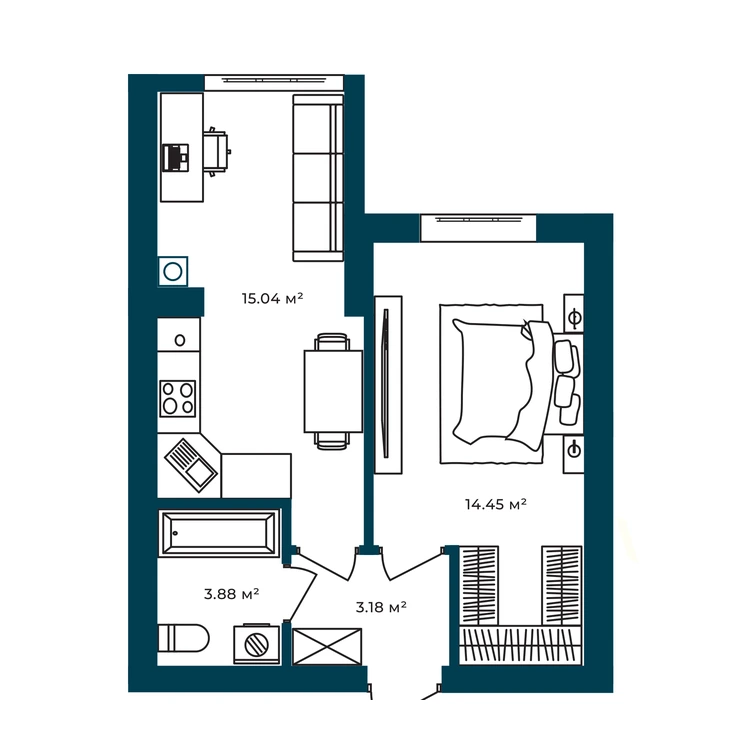 Планування 1-кімнатна квартира 36,55 м²