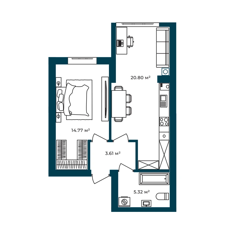 Планування 1-кімнатна квартира 44,50 м² — зображення 2