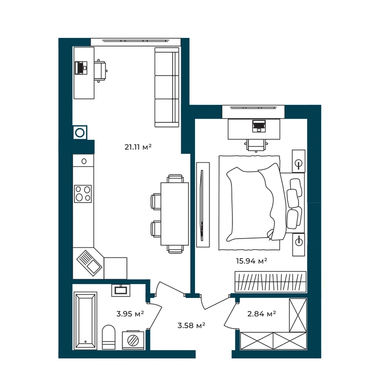 Планування 1-кімнатна квартира 47,42 м² — зображення 2