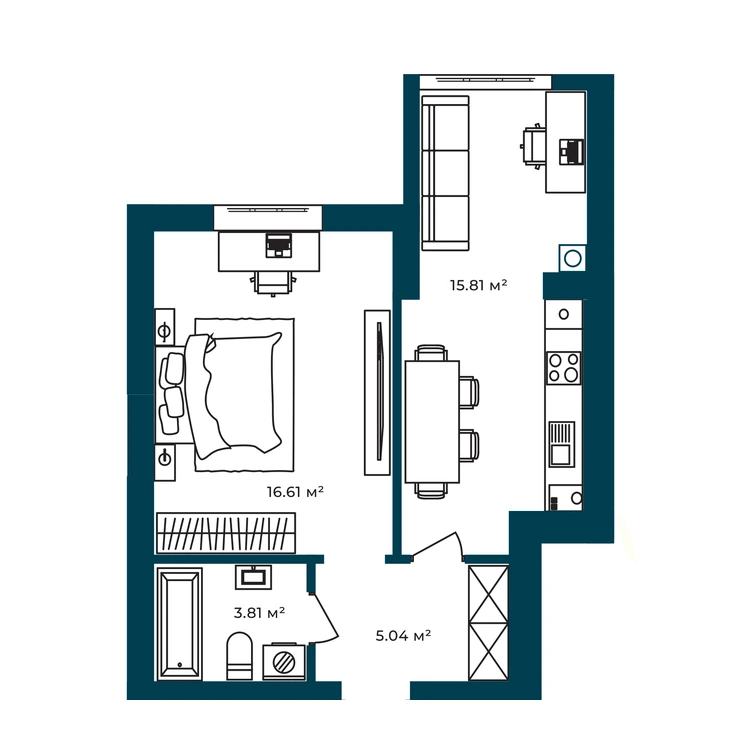 Планування 1-кімнатна квартира 41,27 м²