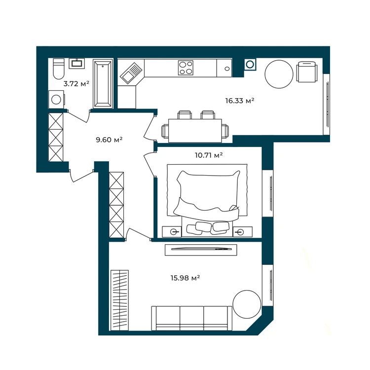 Планування 2-кімнатна квартира 56,34 м² — зображення 2