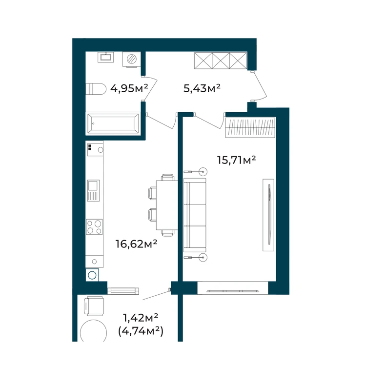 Планування 1-кімнатна квартира 42,71 м²