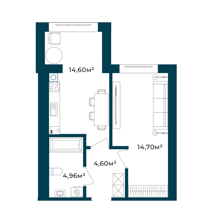 Планування 1-кімнатна квартира 38,52 м² — зображення 2