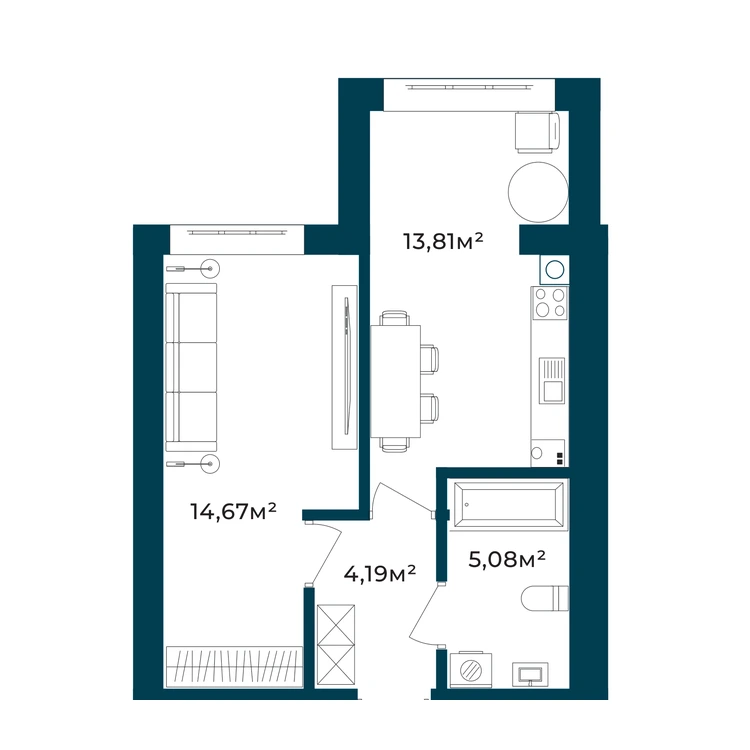 Планування 1-кімнатна квартира 37,75 м² — зображення 2