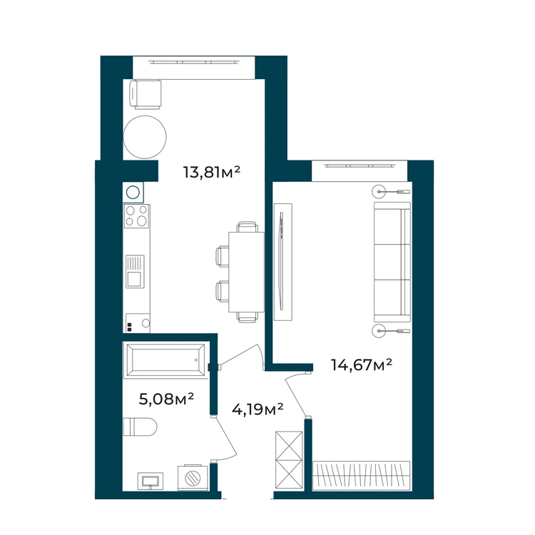 Планування 1-кімнатна квартира 37,75 м²