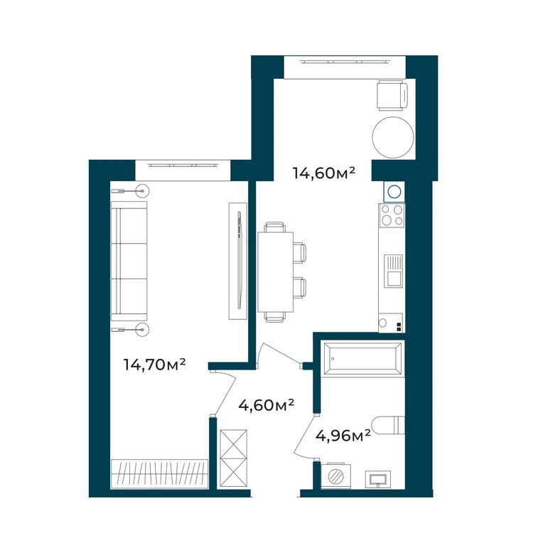 Планування 1-кімнатна квартира 38,52 м²