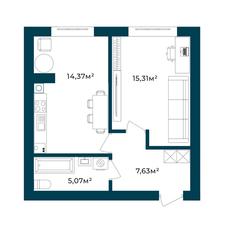 Планування 1-кімнатна квартира 42,38 м² — зображення 2