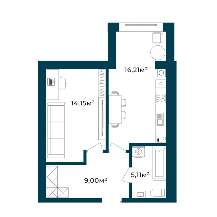 Планування 1-кімнатна квартира 44,47 м² — зображення 2