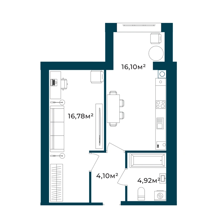 Планування 1-кімнатна квартира 41,90 м² — зображення 2