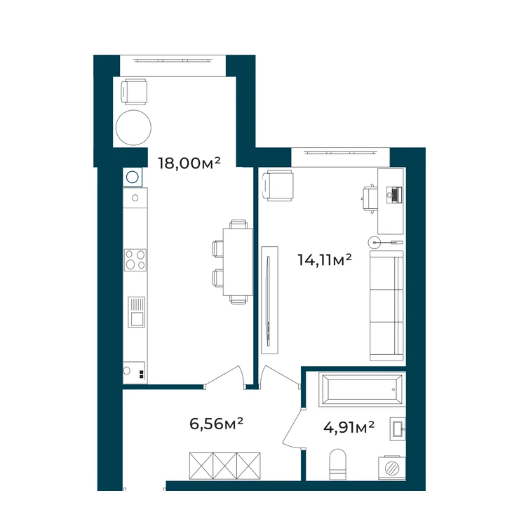 Планування 1-кімнатна квартира 43,58 м²