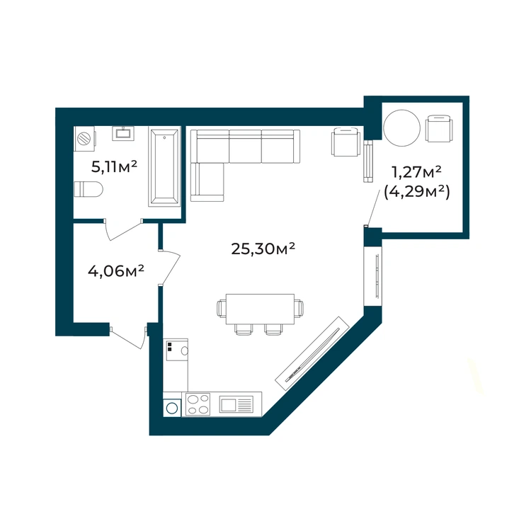 Планування 1-кімнатна квартира 35,75 м²