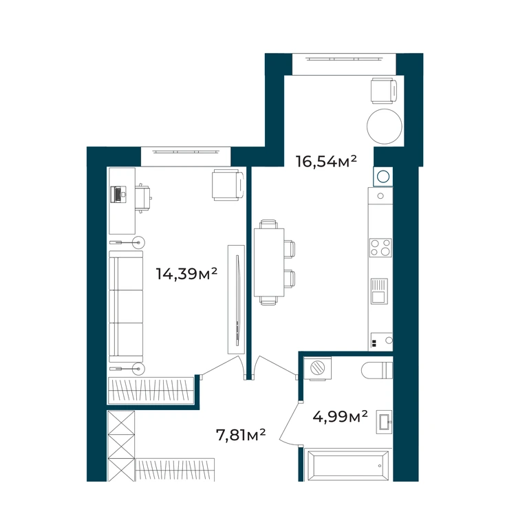 Планування 1-кімнатна квартира 43,73 м²