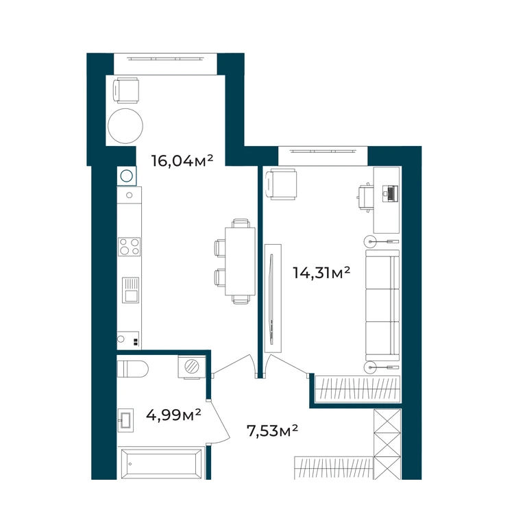 Планування 1-кімнатна квартира 42,87 м² — зображення 2