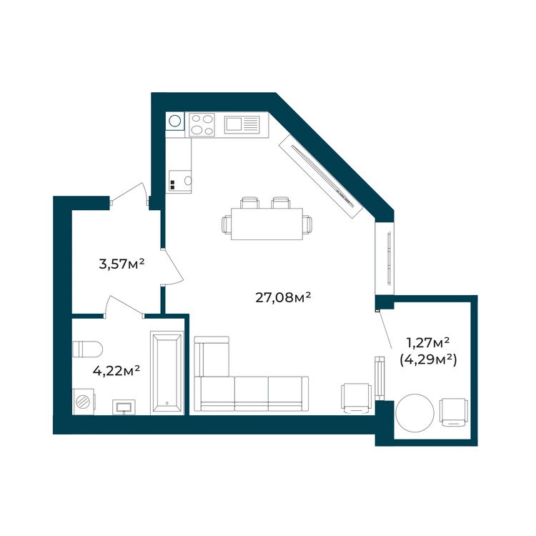 Планування 1-кімнатна квартира 38,15 м²