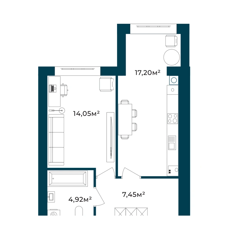 Планування 1-кімнатна квартира 43,62 м² — зображення 2