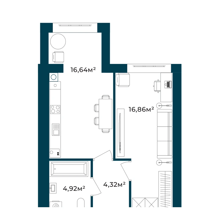 Планування 1-кімнатна квартира 42,74 м²