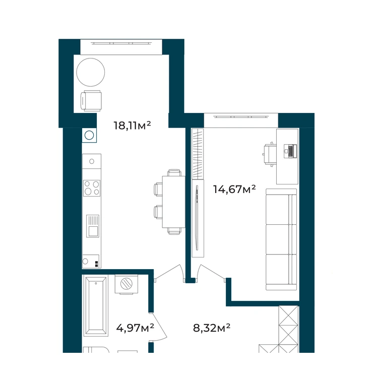 Планування 1-кімнатна квартира 44,42 м² — зображення 2
