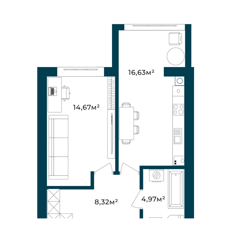 Планування 1-кімнатна квартира 44,59 м²