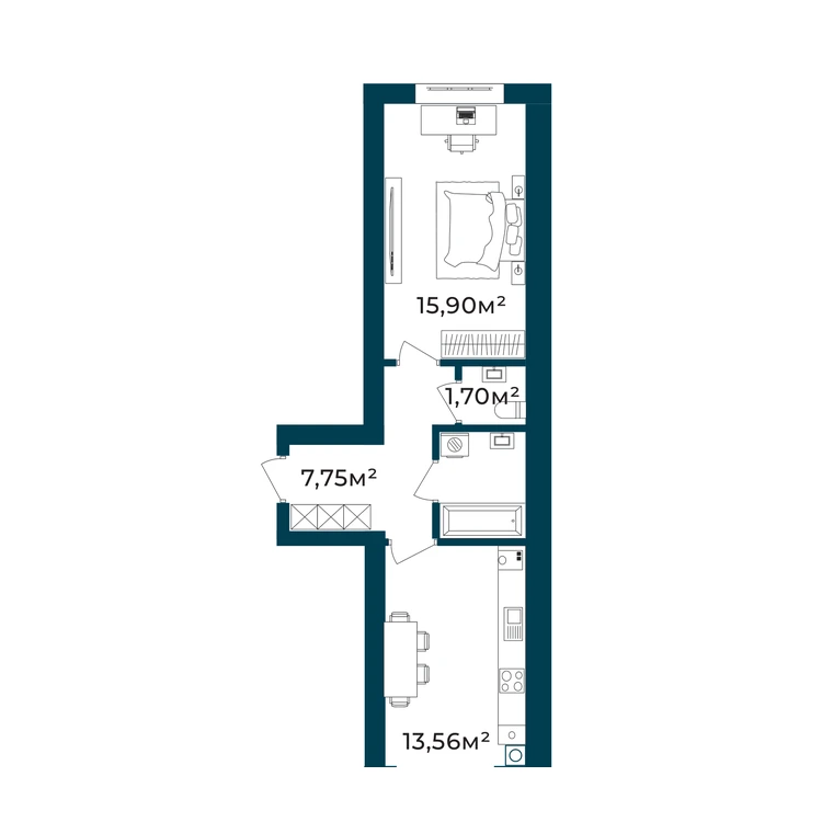 Планування 1-кімнатна квартира 44,00 м²