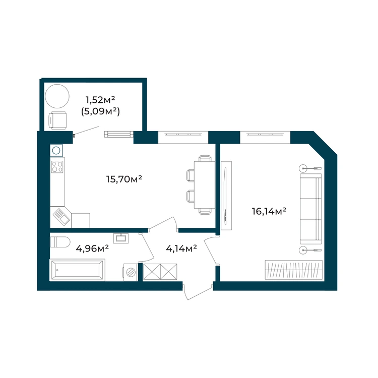Планування 1-кімнатна квартира 42,46 м² — зображення 2