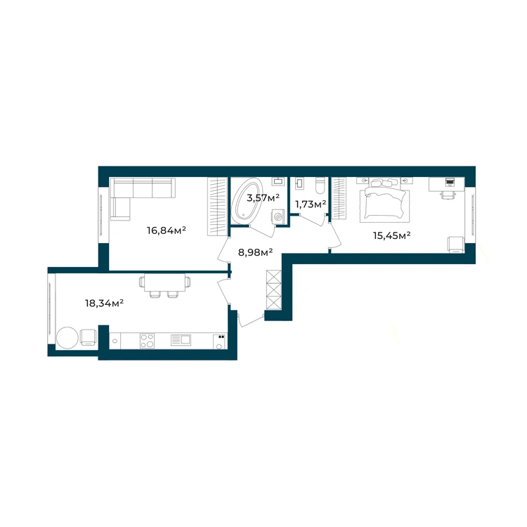 Планування 2-кімнатна квартира 64,88 м²
