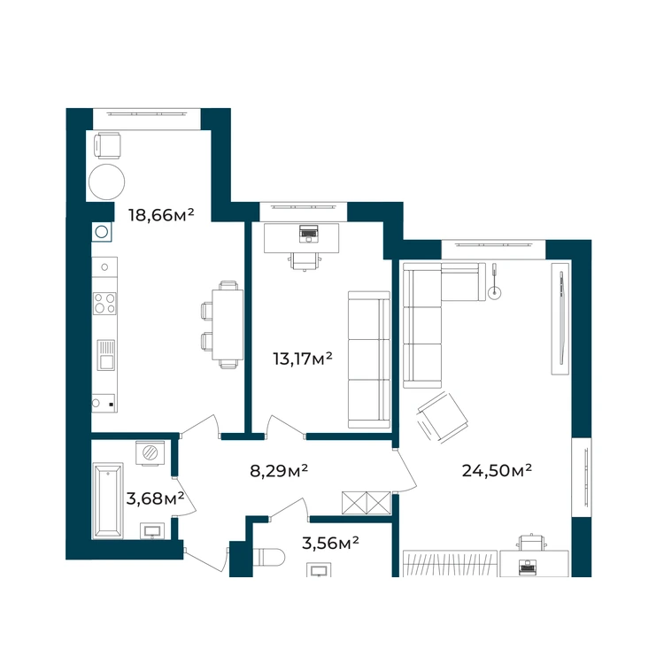 Планування 2-кімнатна квартира 71,86 м² — зображення 2