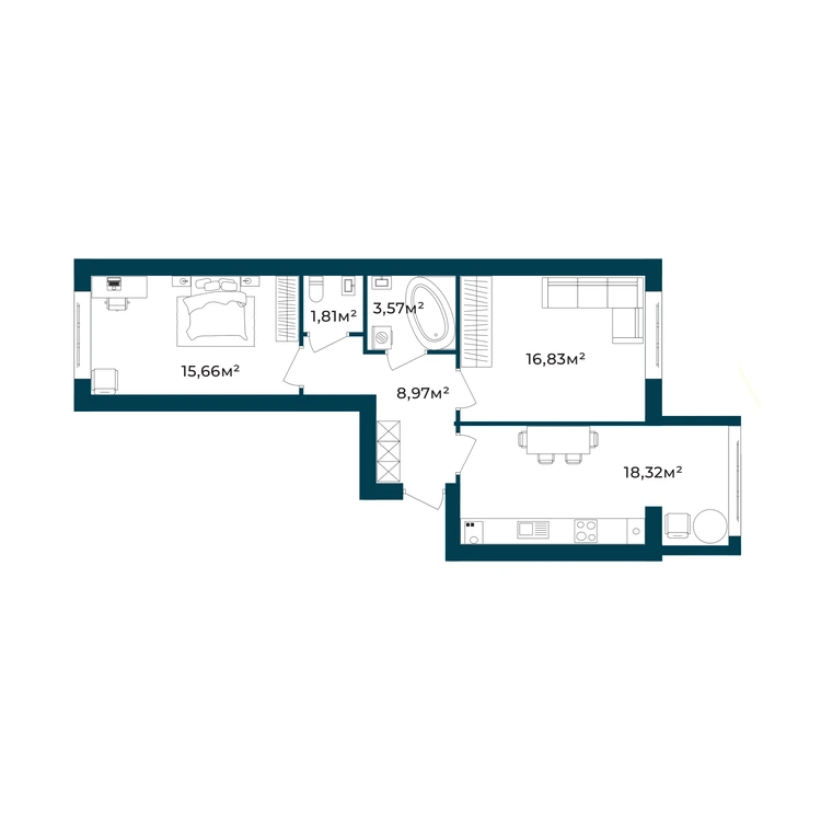 Планування 2-кімнатна квартира 65,16 м² — зображення 2