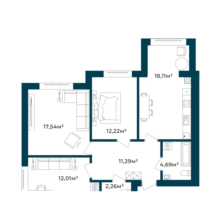 Планування 2-кімнатна квартира 78,12 м² — зображення 2
