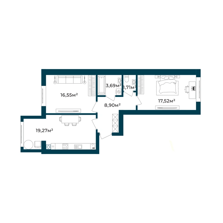 Планування 2-кімнатна квартира 67,64 м²