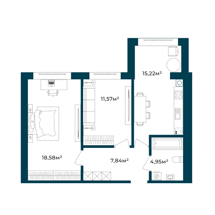 Планування 2-кімнатна квартира 59,16 м²