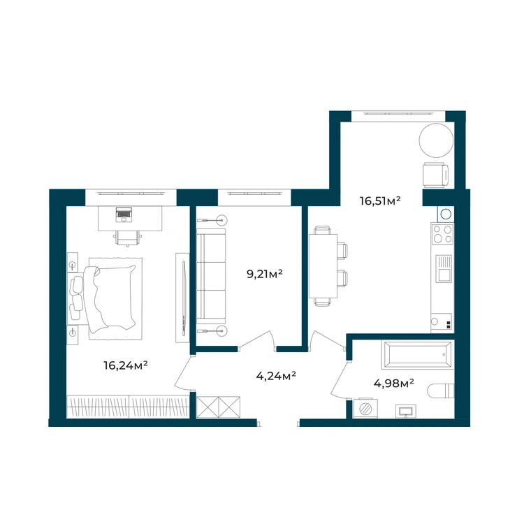 Планування 2-кімнатна квартира 53,20 м²