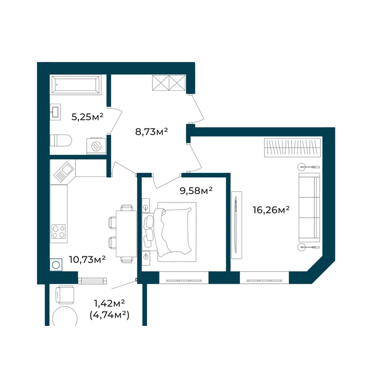 Планування 2-кімнатна квартира 51,97 м² — зображення 2