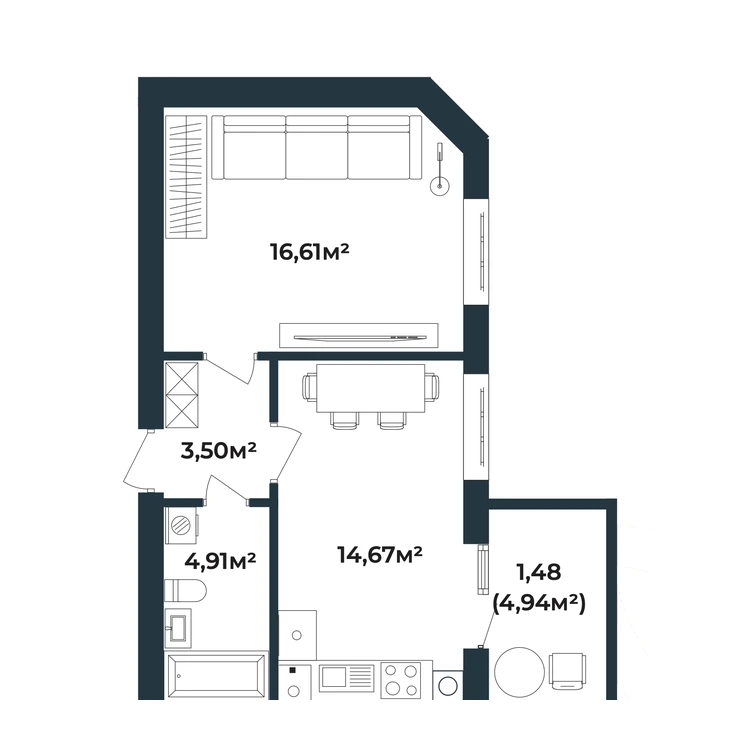 Планування 1-кімнатна квартира 41,18 м²