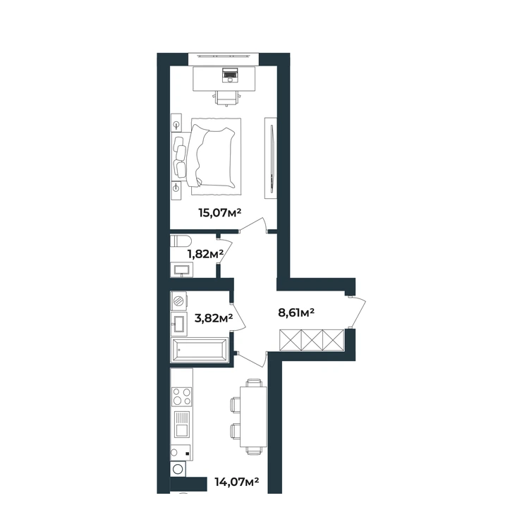 Планування 1-кімнатна квартира 43,55 м² — зображення 2