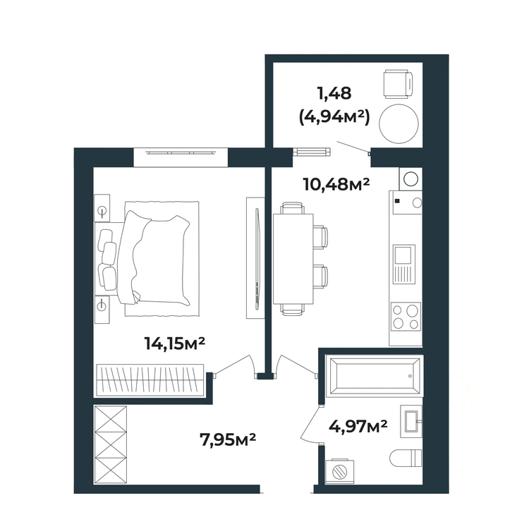 Планування 1-кімнатна квартира 39,03 м²