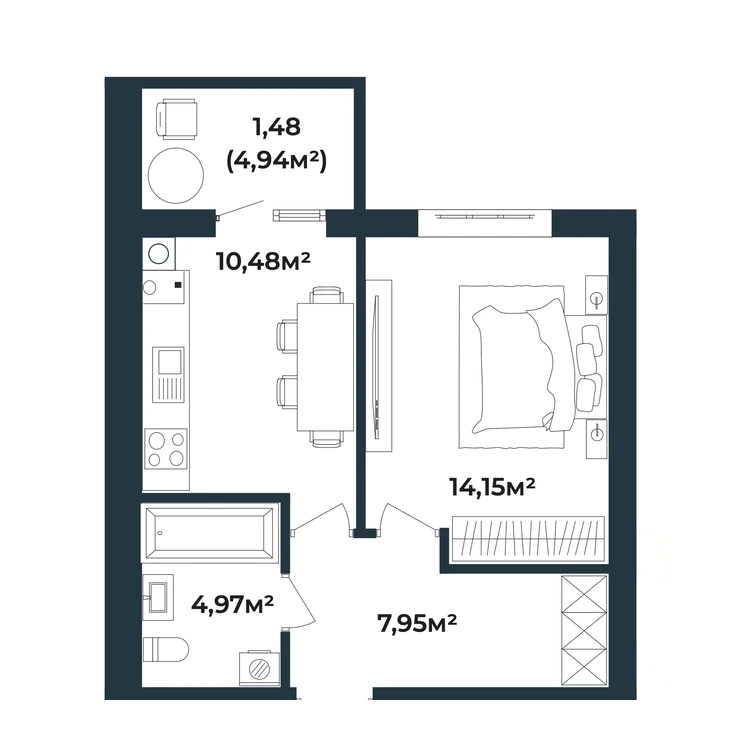 Планування 1-кімнатна квартира 39,03 м² — зображення 2