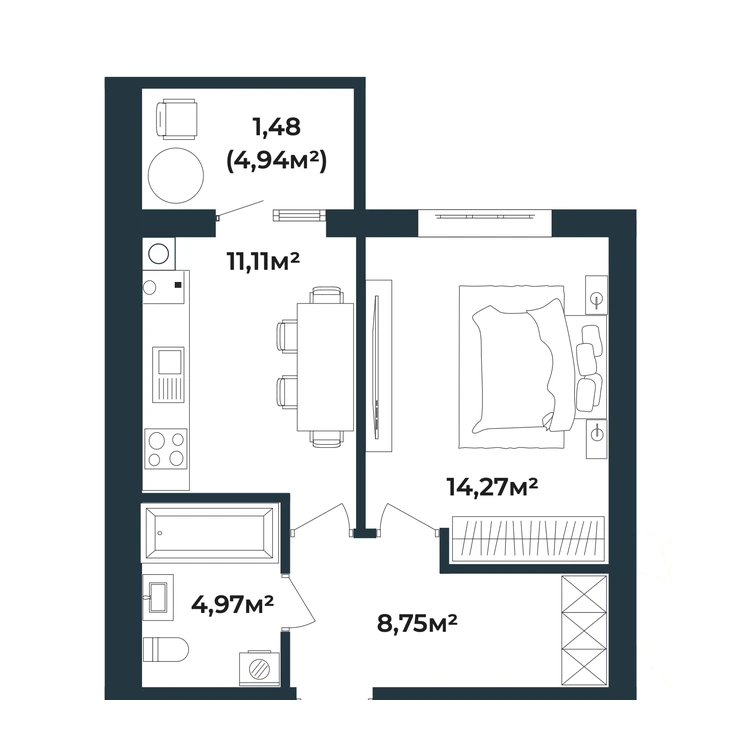 Планування 1-кімнатна квартира 40,58 м²