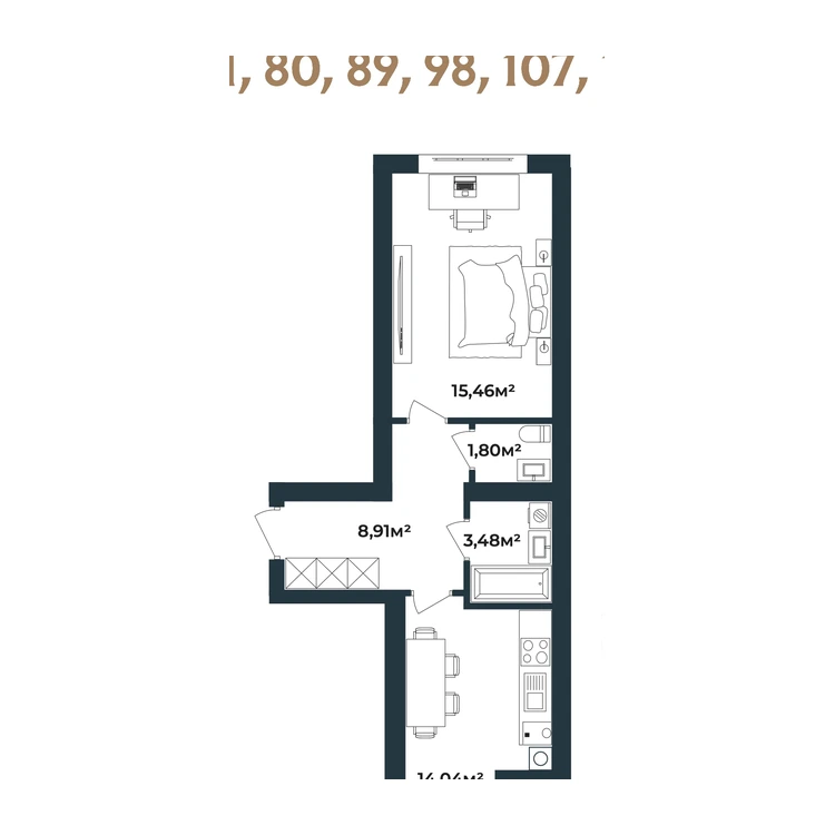 Планування 1-кімнатна квартира 43,67 м² — зображення 2