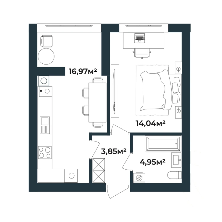 Планування 1-кімнатна квартира 39,81 м² — зображення 2