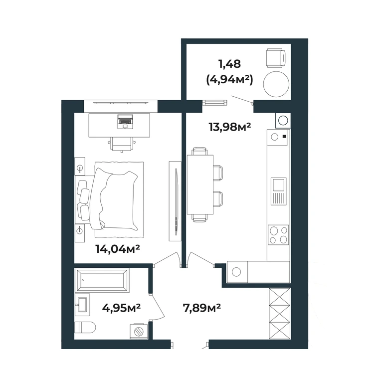 Планування 1-кімнатна квартира 42,35 м²